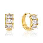 Three rectangular stone settings and smooth hoop backs