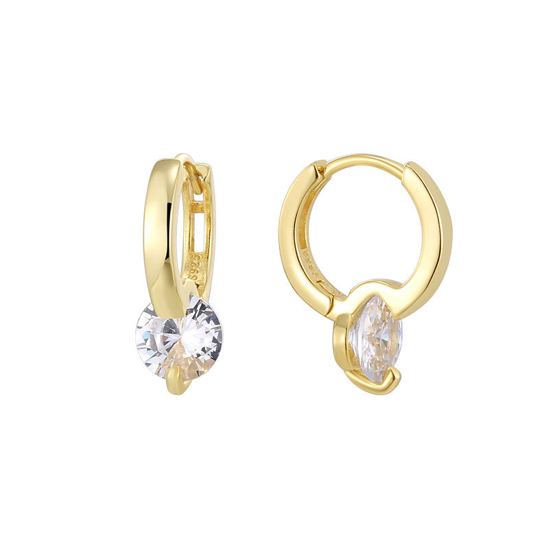 front and profile cutout of gold plated round zirconia huggies