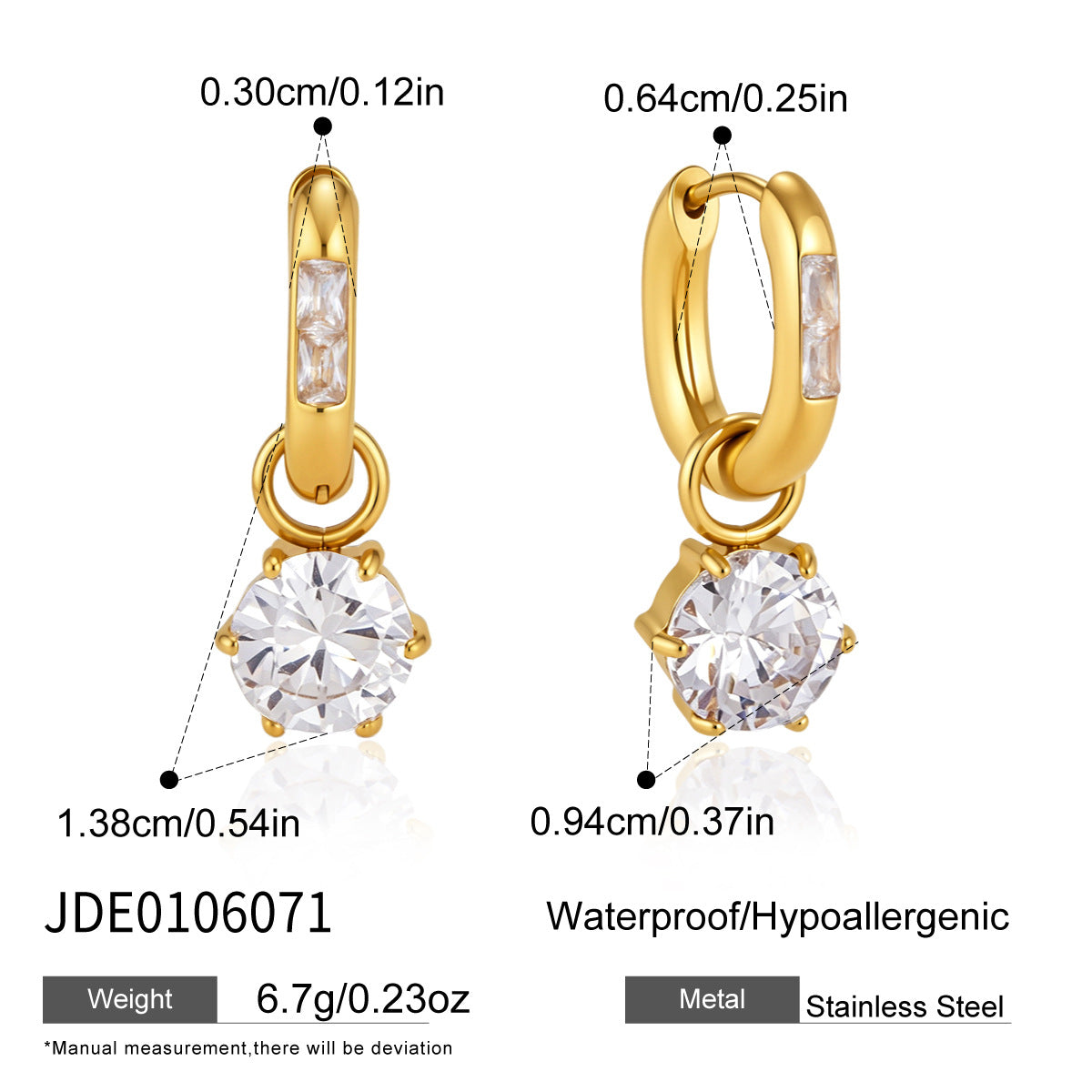 Oval hoop earrings with round zirconia drops and size diagram