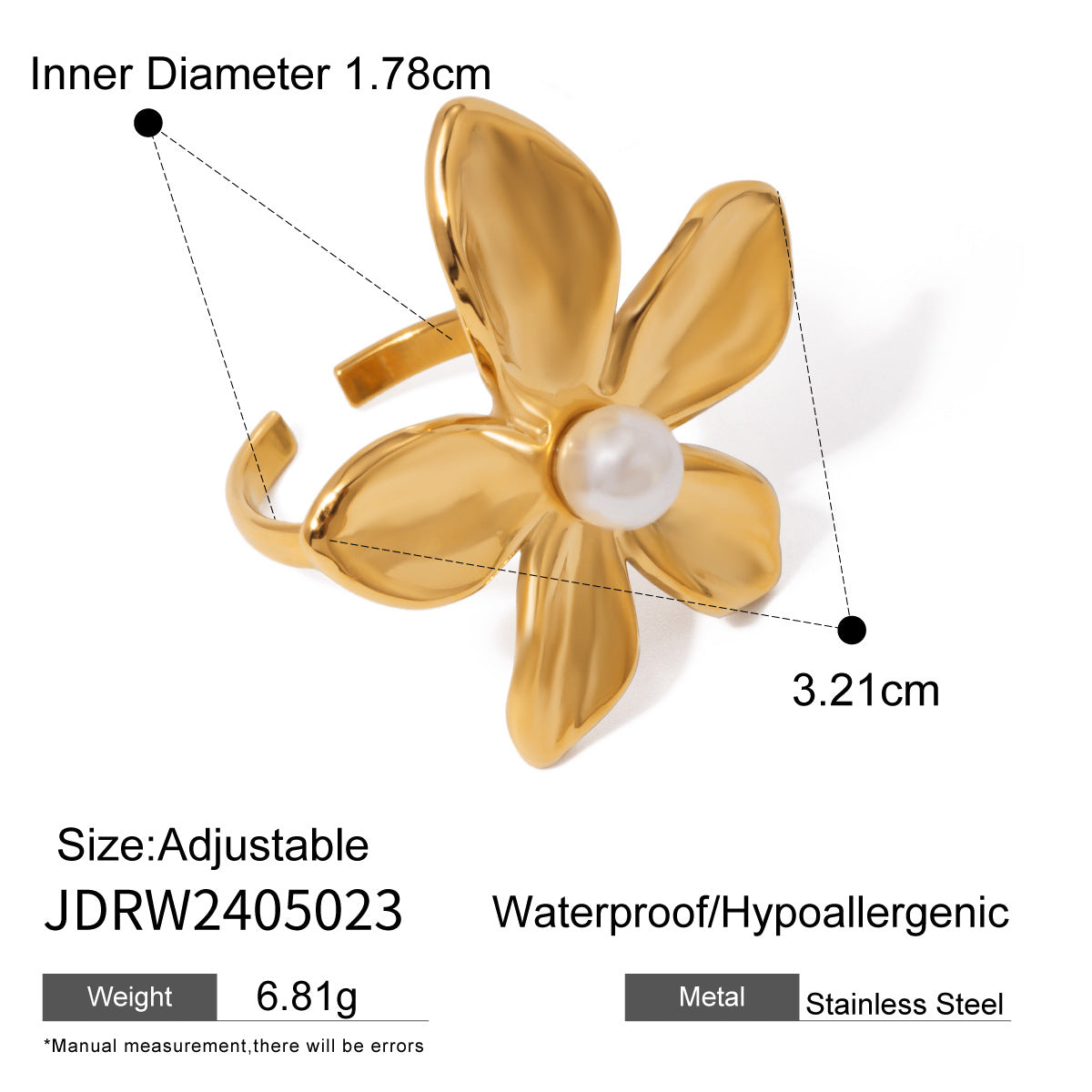 Gold-Tone Floral Stainless Steel Earrings and Rings size and proportion reference