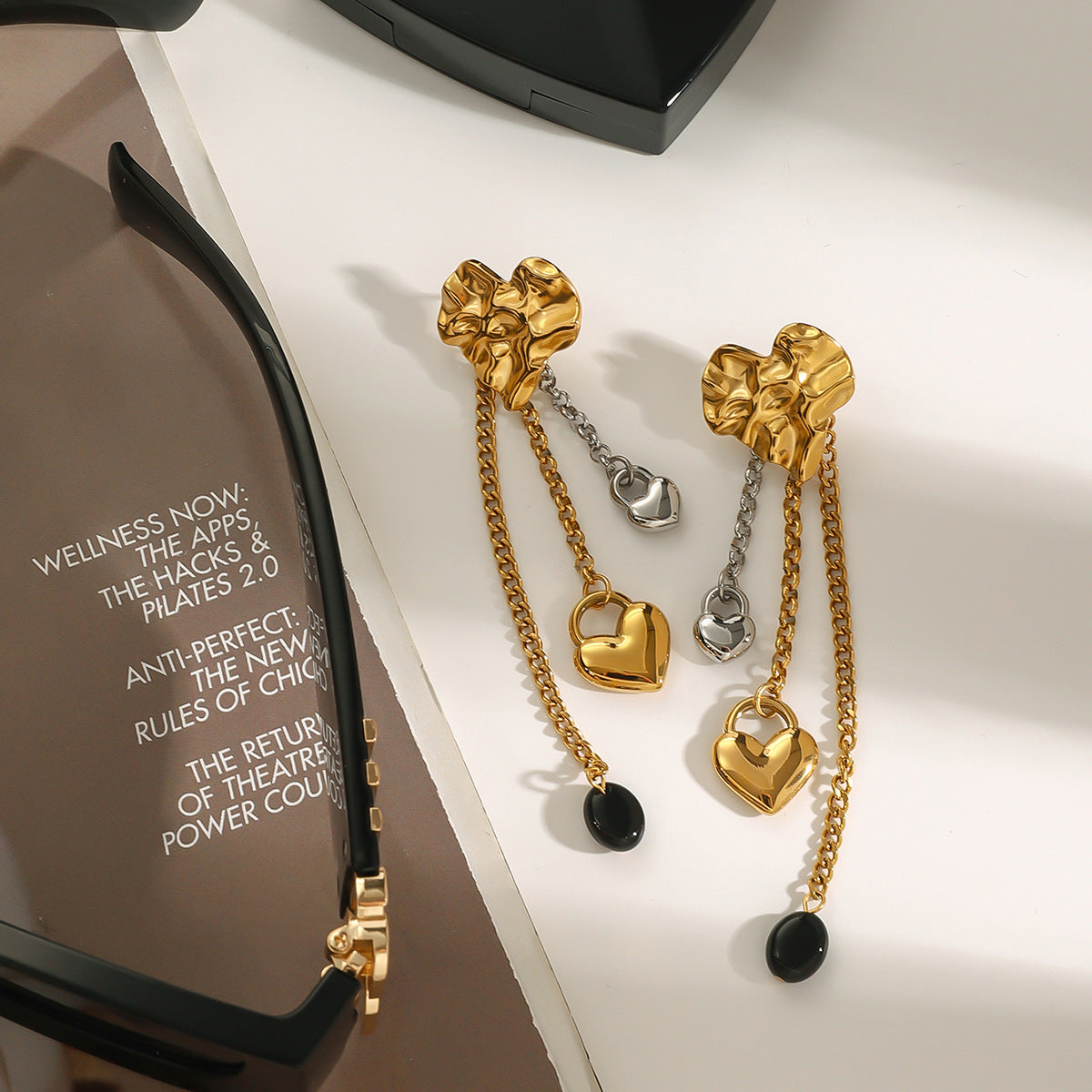 Wholesale Gold-Tone Stainless Steel Floral Tassel Drop Earrings - styled view