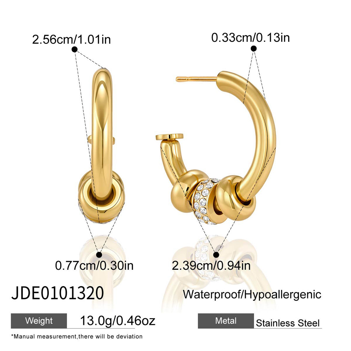Gold-tone hoop front and side dimensions