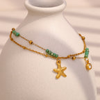 Gold Plated Stainless Steel Green Bead Starfish Double-Strand Bracelet — double-strand front view