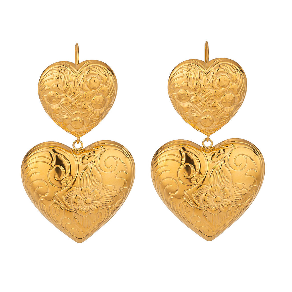 Gold-Tone Embossed Double Heart Stainless Steel Drop Earrings finish and shape detail