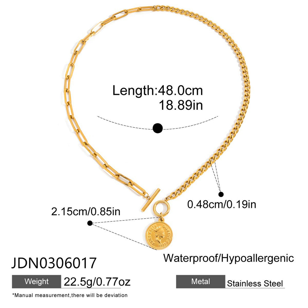 Gold Tone Coin Motif Stainless Steel Jewelry Collection — styled necklace view
