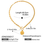 Gold Tone Coin Motif Stainless Steel Jewelry Collection — styled necklace view