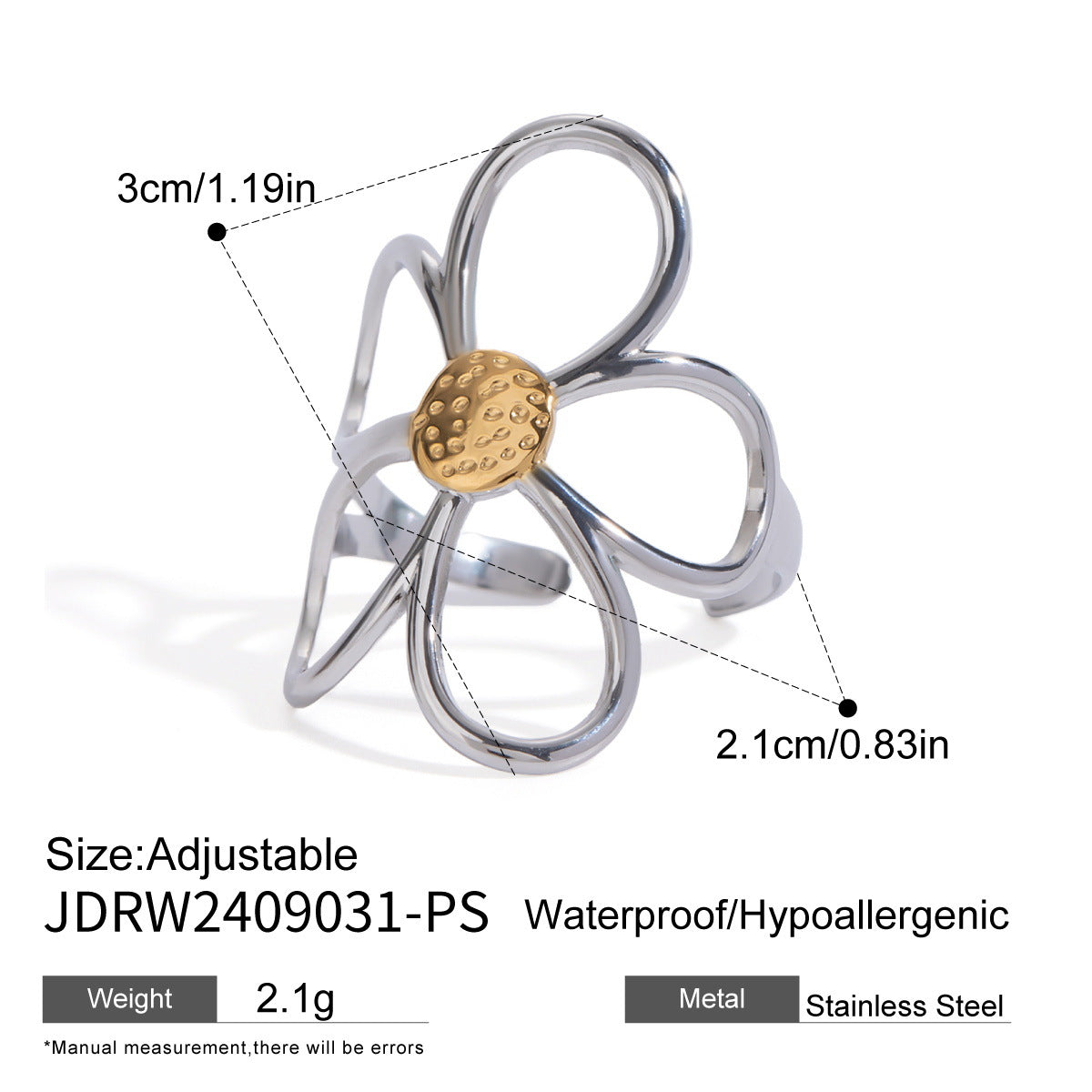 Sculptural Stainless Steel Cuff Bracelet and Flower Rings — selectable styles and material reference