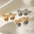Stainless Steel Bow Heart Drop Earrings in Two Finishes – product view 3