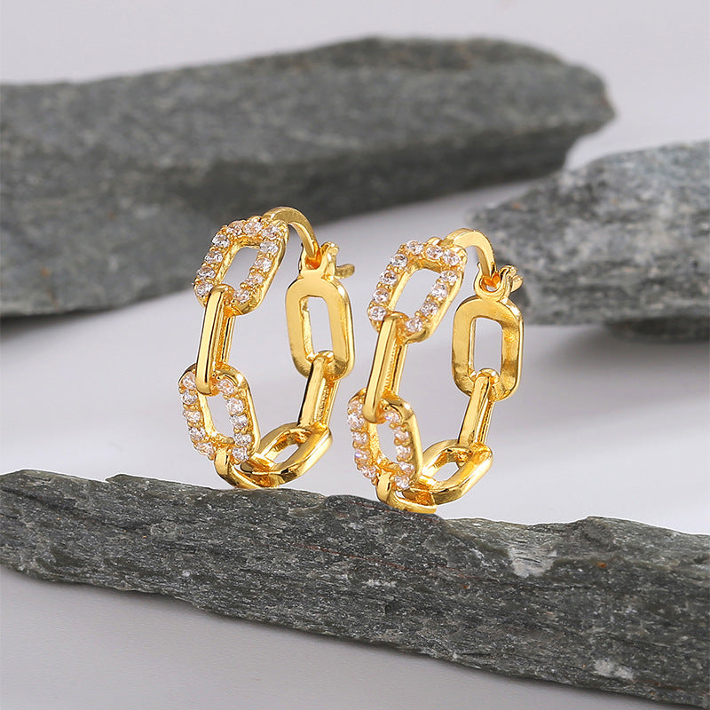 gold plated 925 sterling silver pavé paperclip link hoop earrings — product image 2 of 9