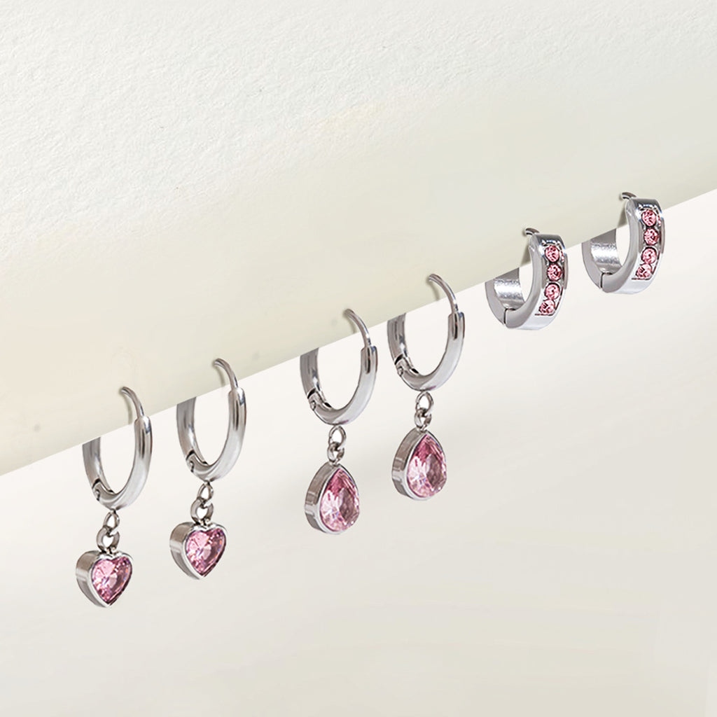 Pink Clear-Stone Stainless Steel Hoop Earring Collection close-up product view