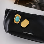 Gold-Tone Turquoise-Color Cabochon Stainless Steel Stud Earrings close-up product view