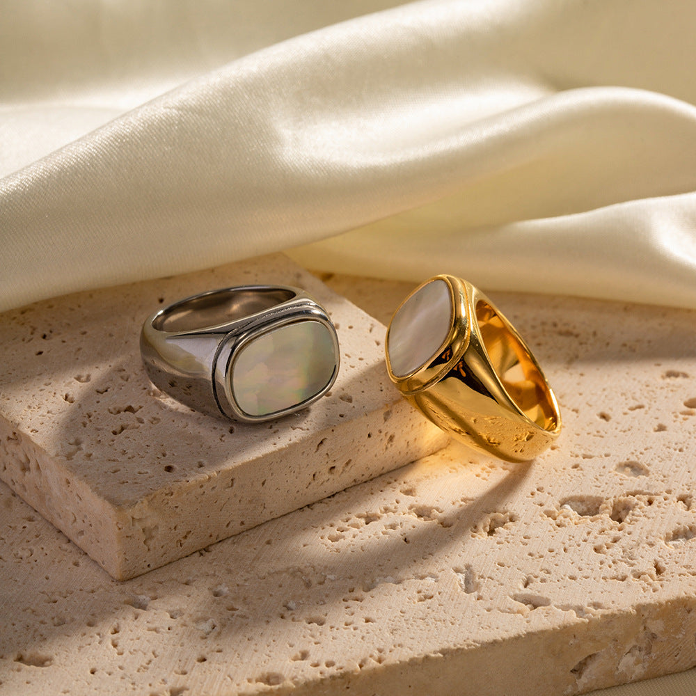 White-Inlay Stainless Steel Statement Ring Collection close-up product view