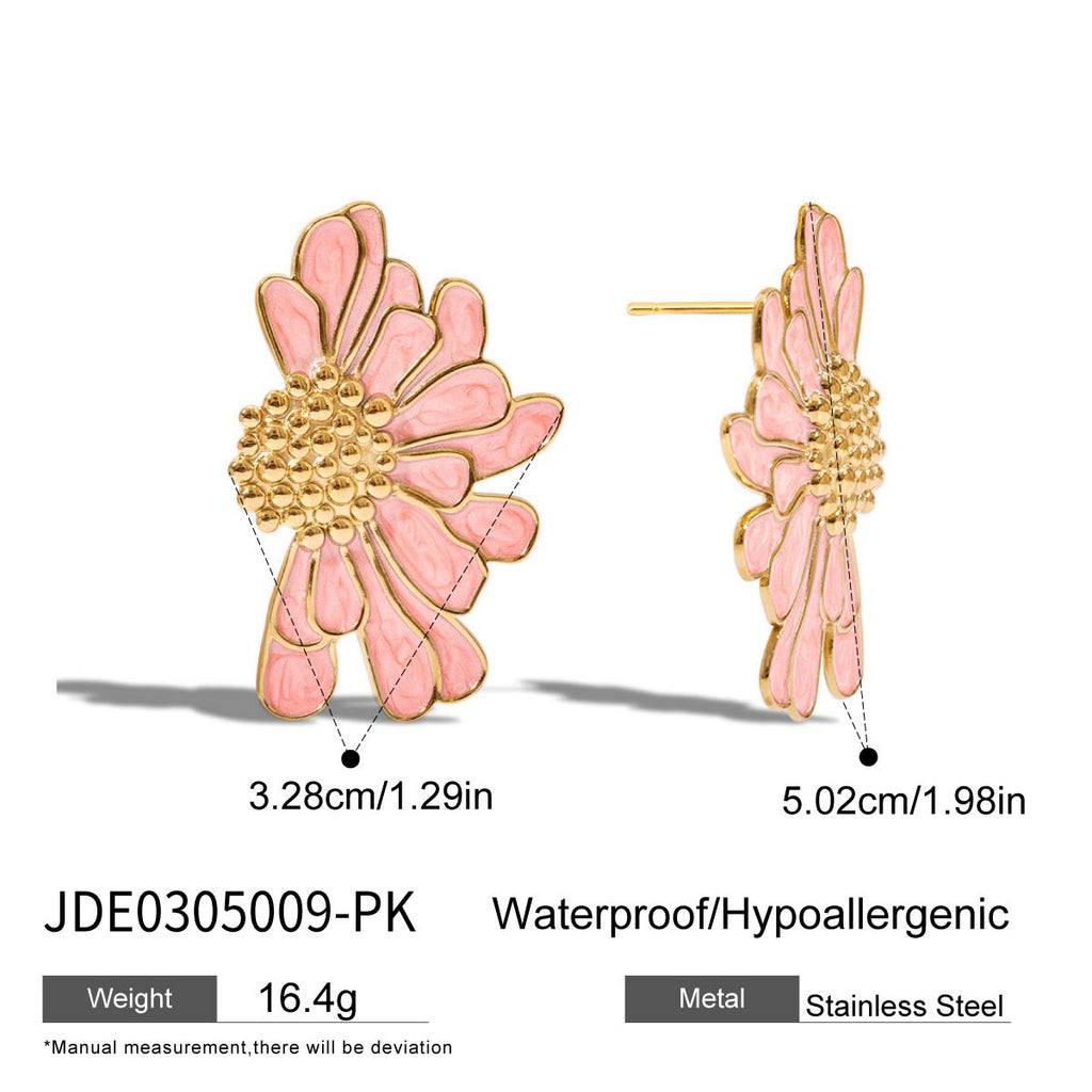 Gold Tone Colored Floral Stainless Steel Stud Earrings — selectable colors and material reference