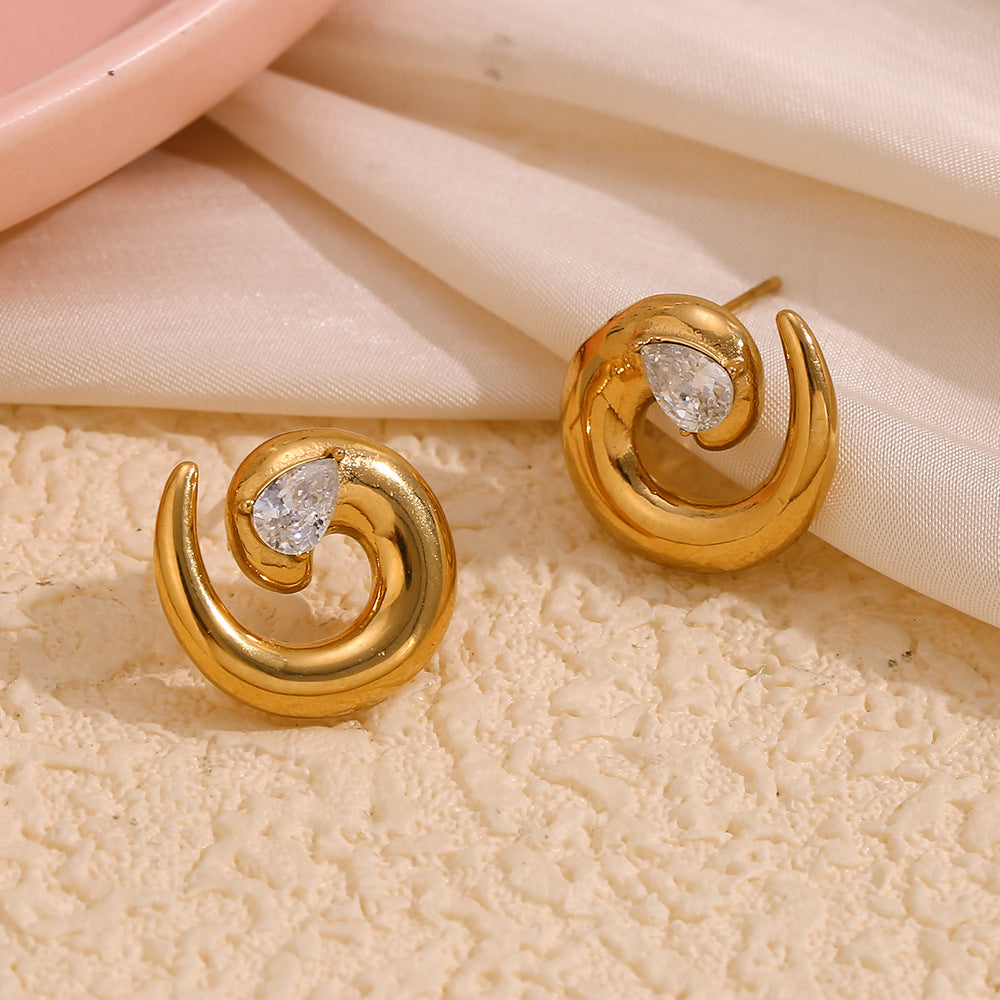 Gold Plated 316L Stainless Steel Spiral Zirconia Stud Earrings — pair showing posts and clear accents