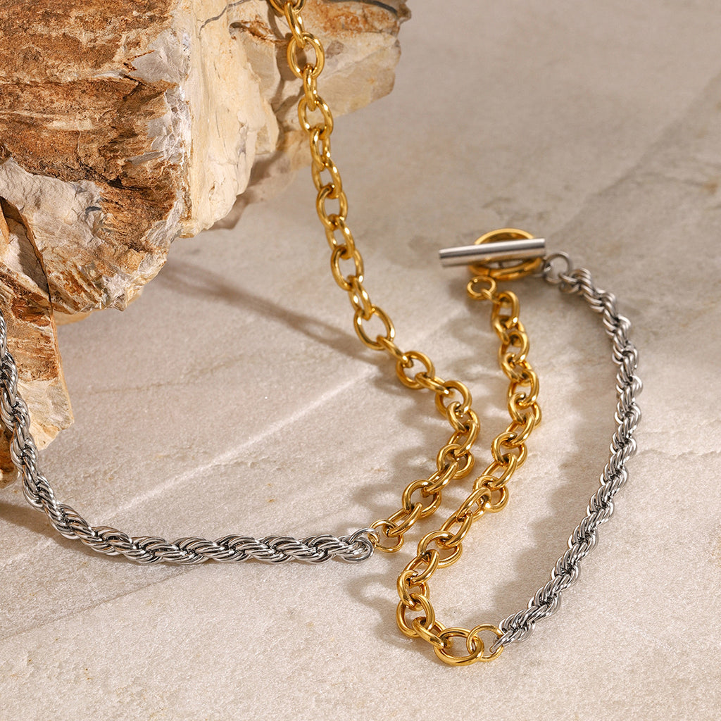 Two-tone stainless steel alternating link bracelet styled view