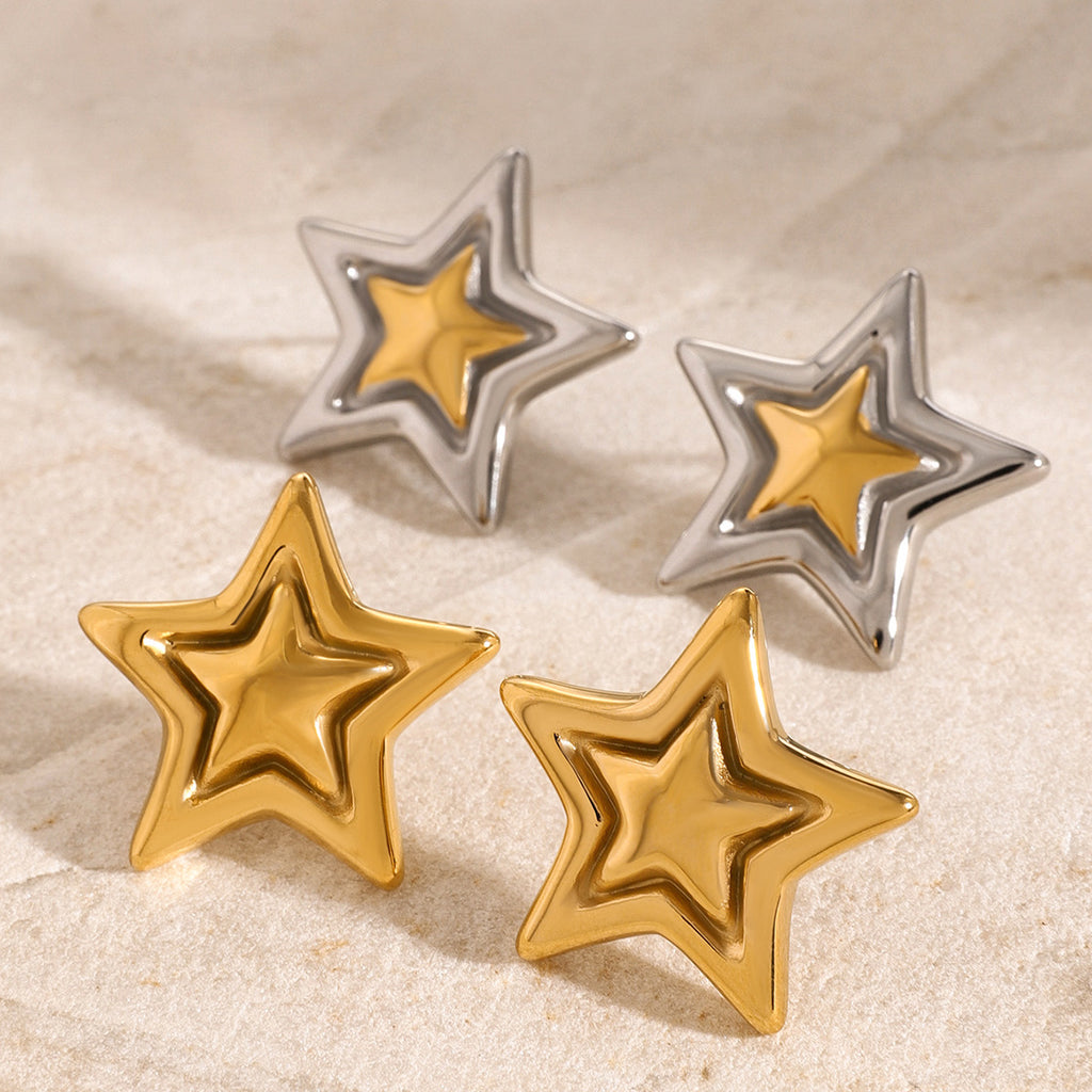 Two-Tone Sculptural Star Stainless Steel Stud Earrings styled product view
