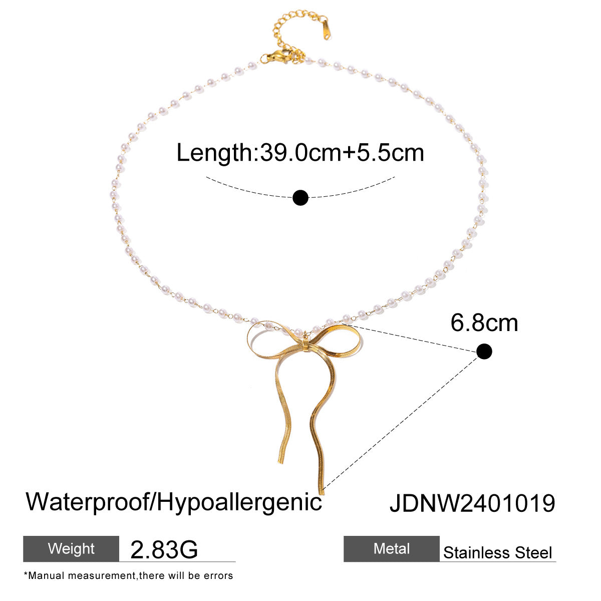 Bow necklace with length and pendant measurements