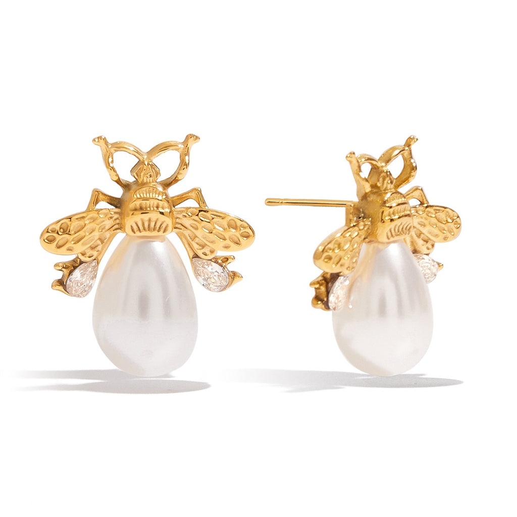 Gold-Tone Bee Pearl-Look Stainless Steel Stud Earrings – front view