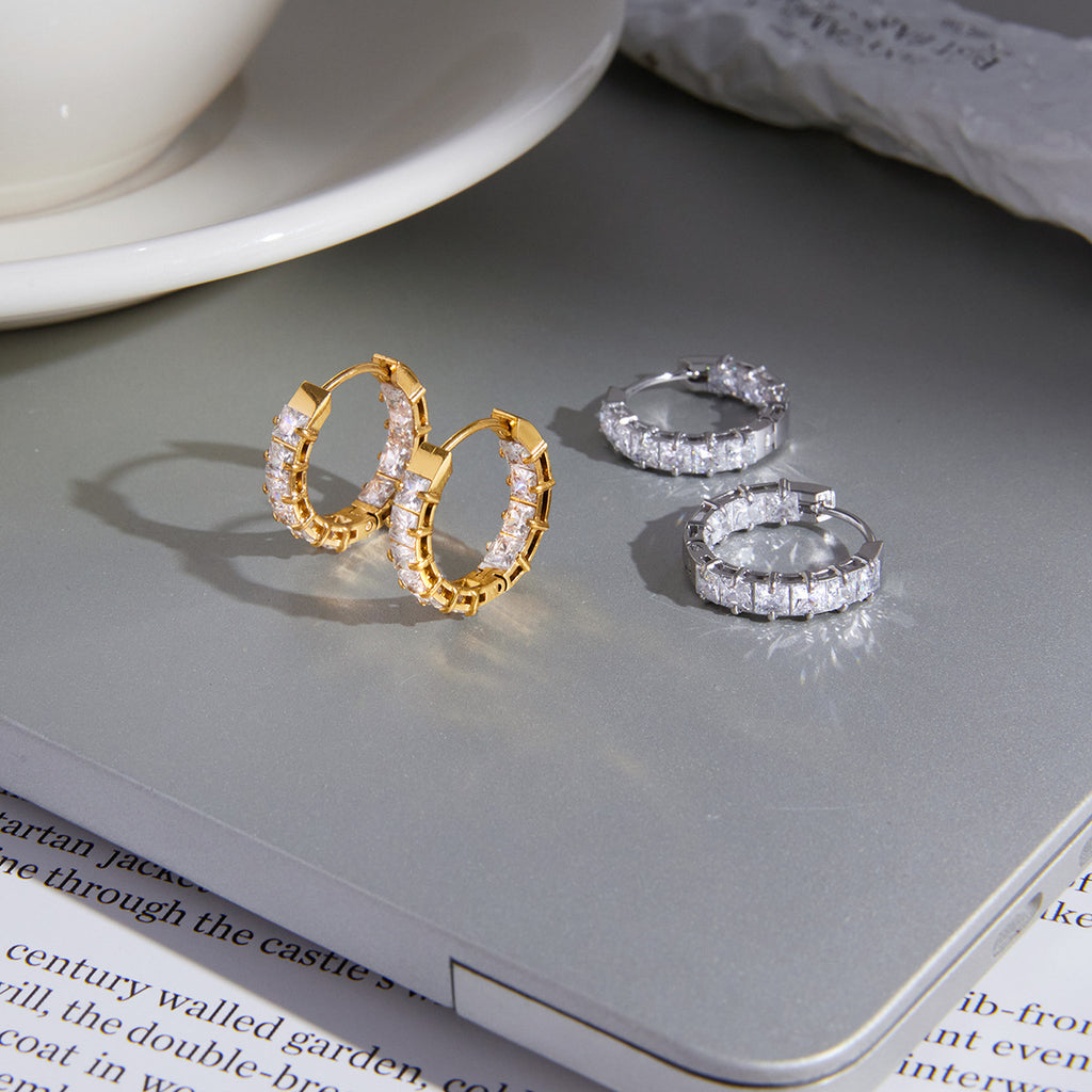 gold plated and silver square stone huggie earring variants