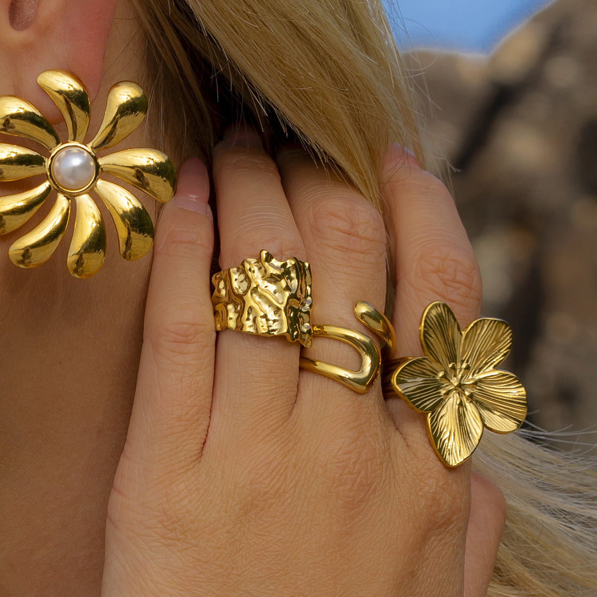 Gold-Tone Sculptural Flower Stainless Steel Ring Collection — wholesale view 2