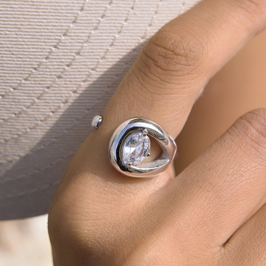 Steel color open ring shown close-up