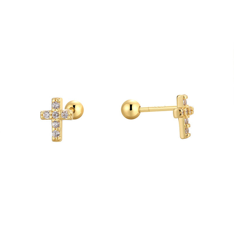 925 Sterling Silver Pavé Cross Ball-Back Stud Earrings — gold cross pair on white