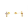 925 Sterling Silver Pavé Cross Ball-Back Stud Earrings — gold cross front and side views