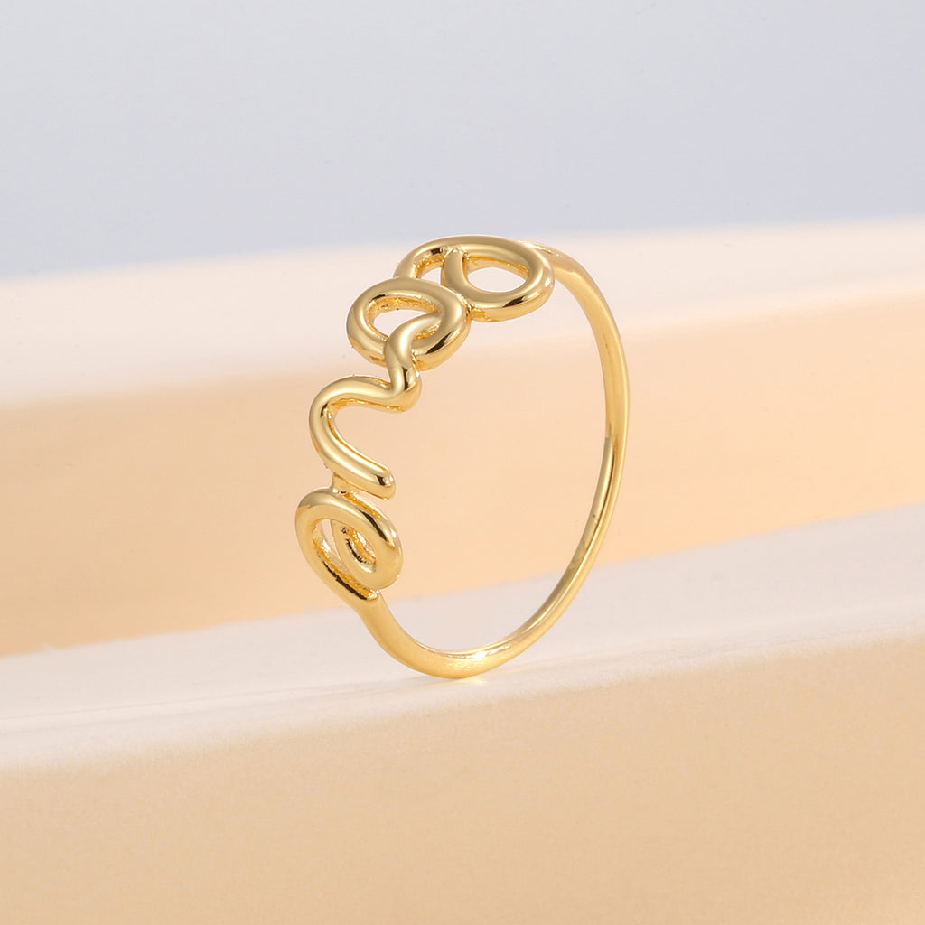 upright view of the continuous LOVE script ring