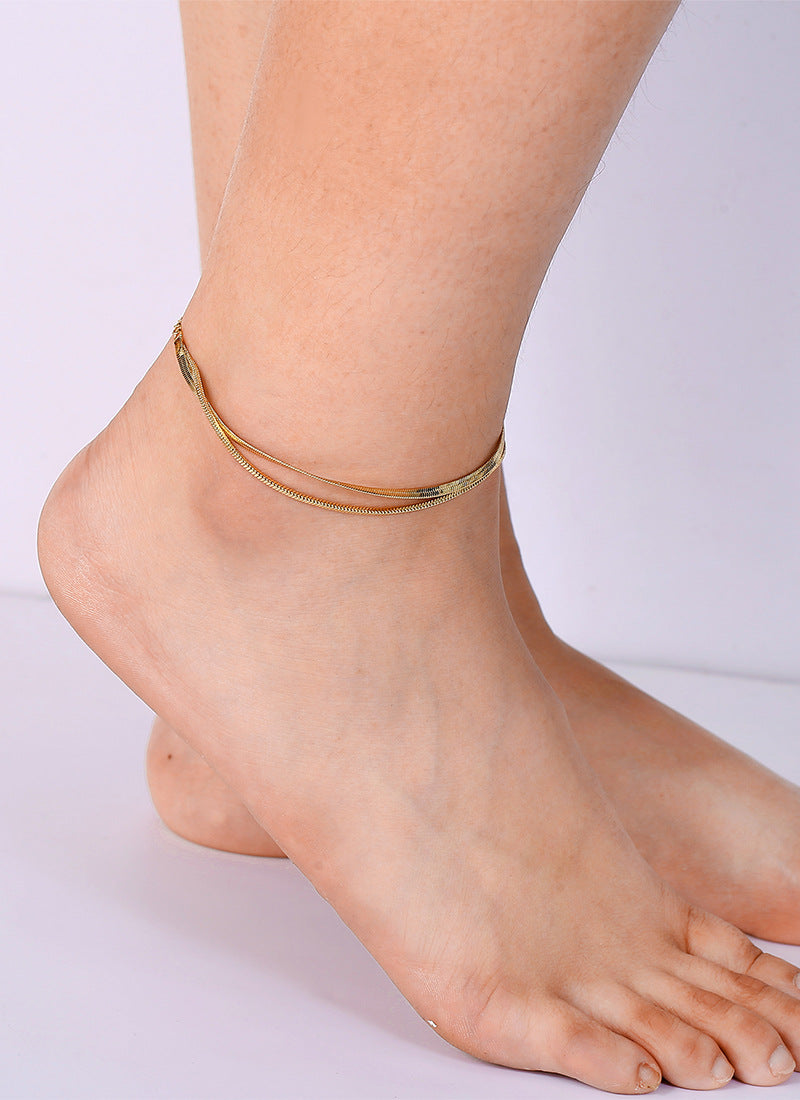 gold plated double snake chain anklet shown from the side