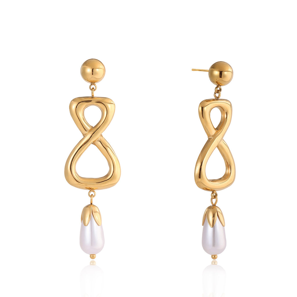 Front view of infinity drop earrings with white bead