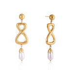 Front view of infinity drop earrings with white bead