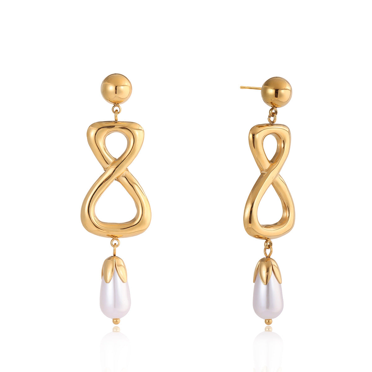 Front view of infinity drop earrings with white bead