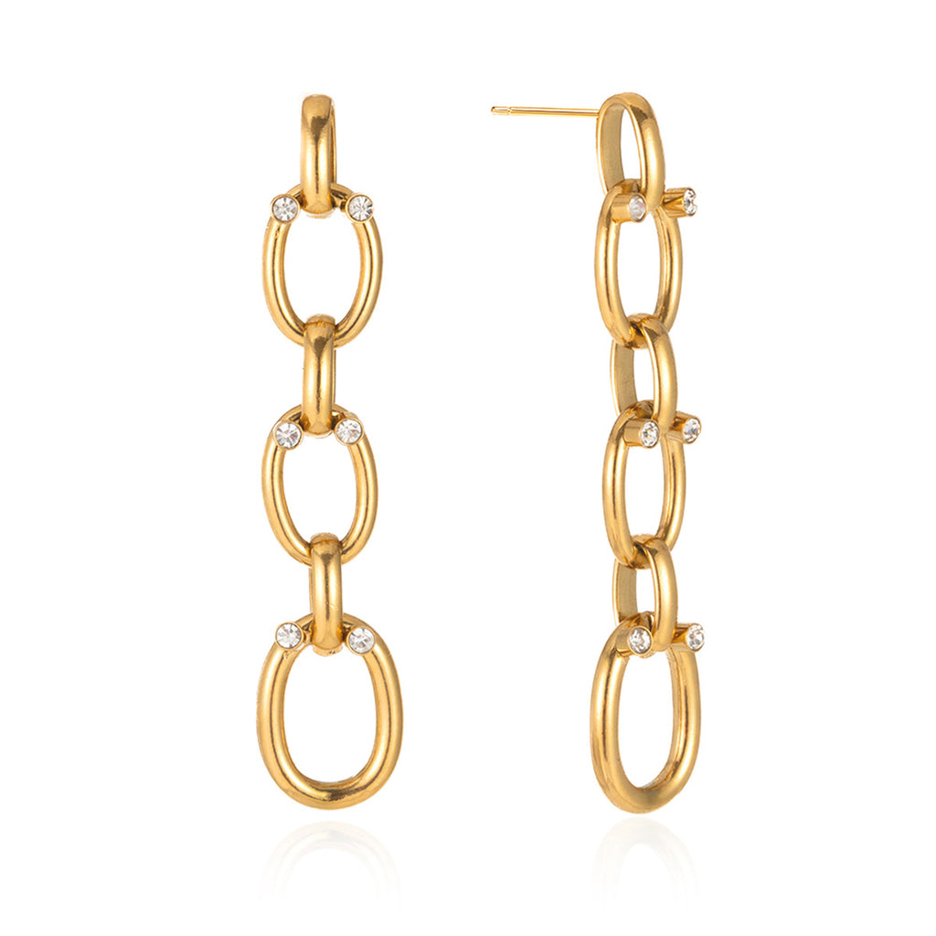 front and side views of rhinestone connector chain drop earrings