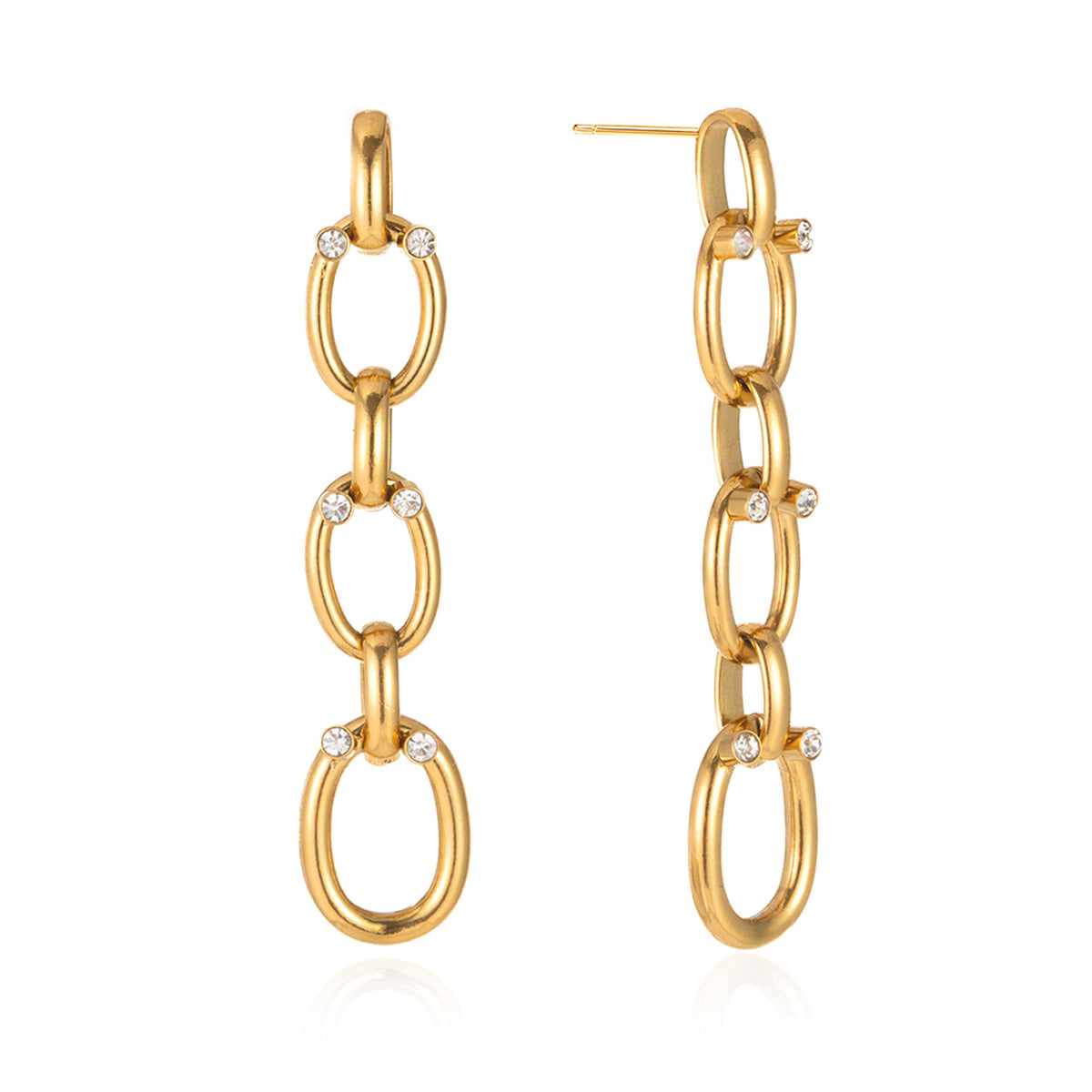 front and side views of rhinestone connector chain drop earrings