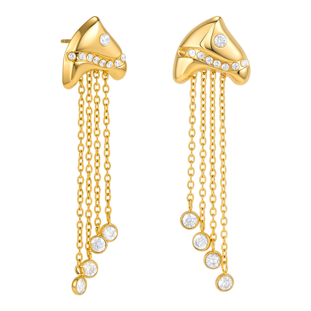 Gold-tone fish tops and hanging chains on white