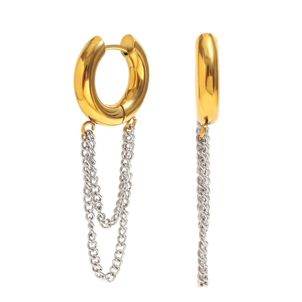 front and side view of layered chain drop hoop earrings