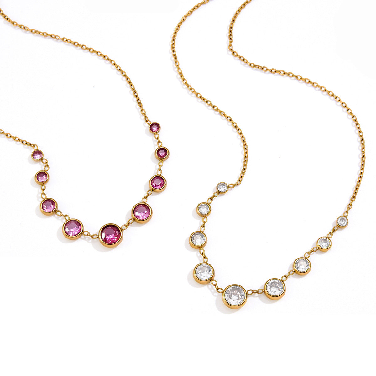 Fine chain necklaces with graduated round bezels
