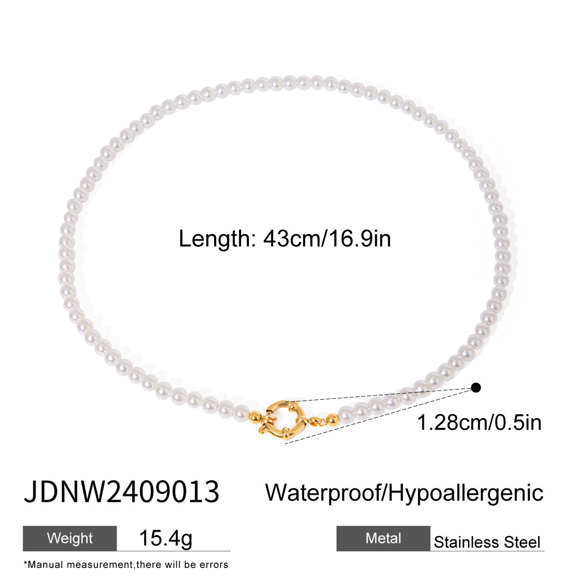 Pearl-Look Bead Stainless Steel Necklace with Ring Clasp size and proportion reference