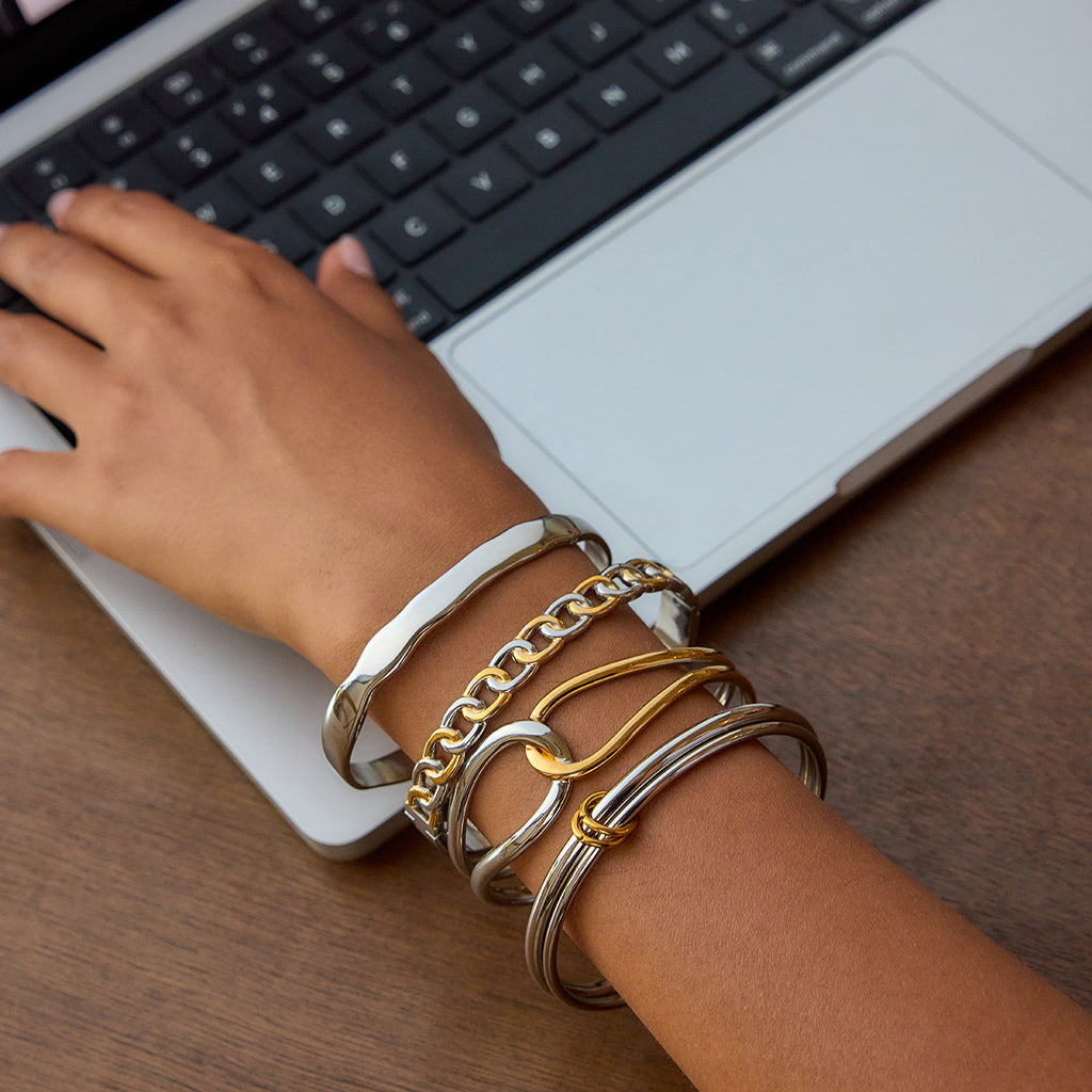 Two-Tone Stainless Steel Open Cuff Bracelet Collection — front view