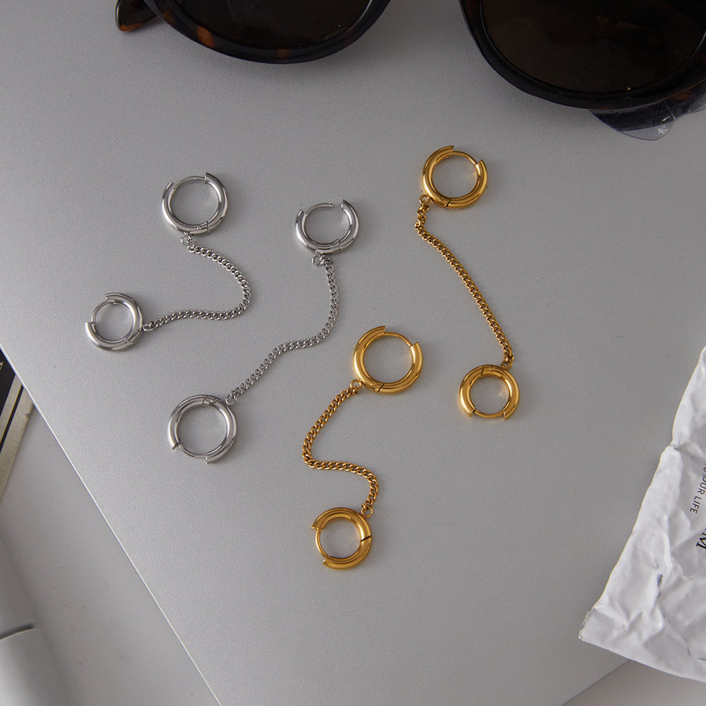 gold plated and silver-finish chain connector earrings together