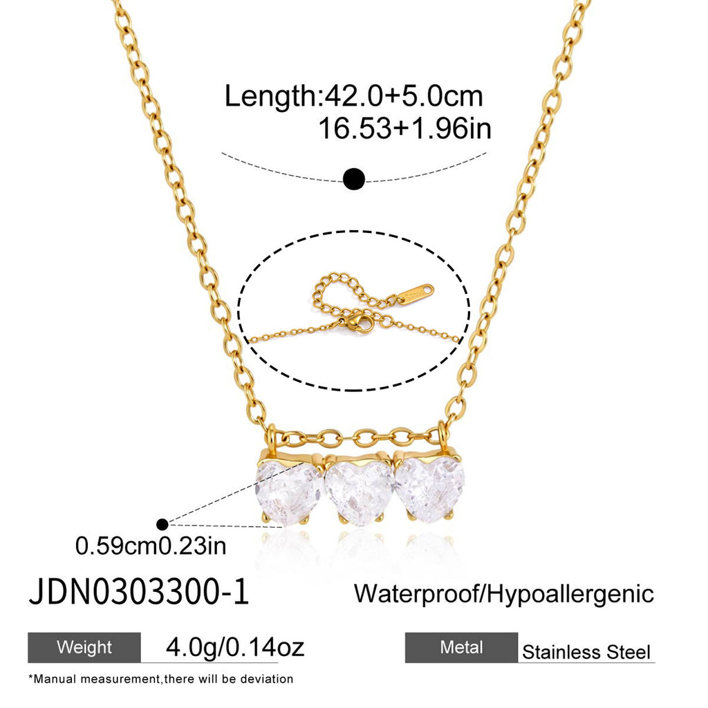 Triple heart-shaped clear stone necklace with 42 plus 5 cm diagram