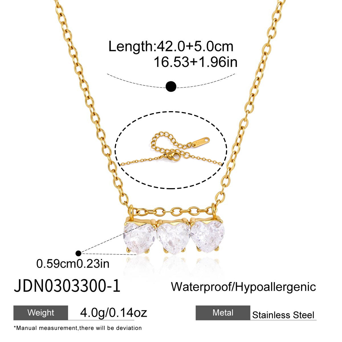 Triple heart-shaped clear stone necklace with 42 plus 5 cm diagram