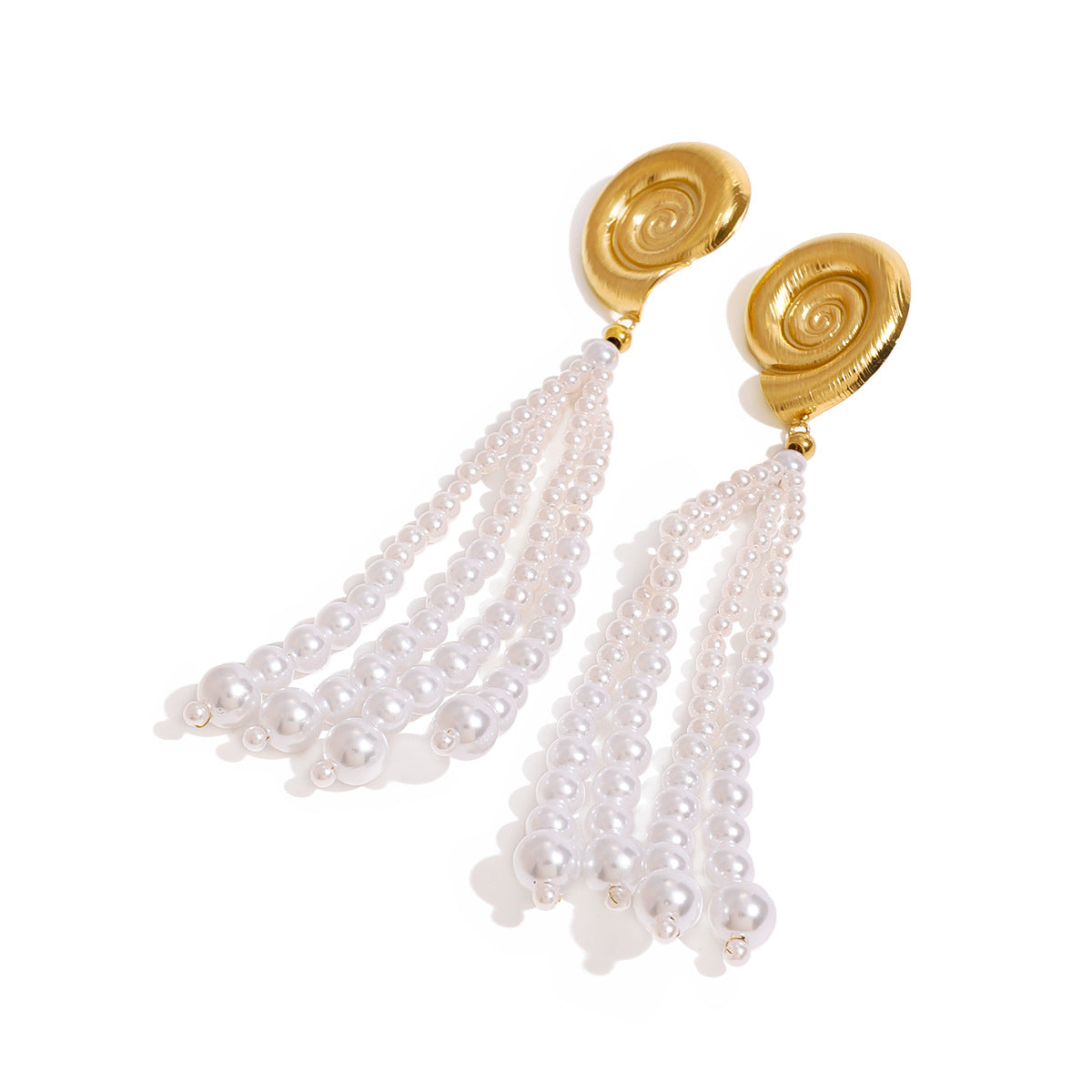 Gold Plated Pearl-Look Tassel Stainless Steel Earrings — wholesale view 4