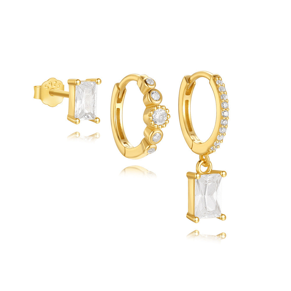 front view of rectangular stud huggie and drop hoop set