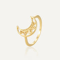 gold plated brass crescent moon ring with lotus filigree