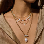 Four imitation pearl necklace designs layered on a bust