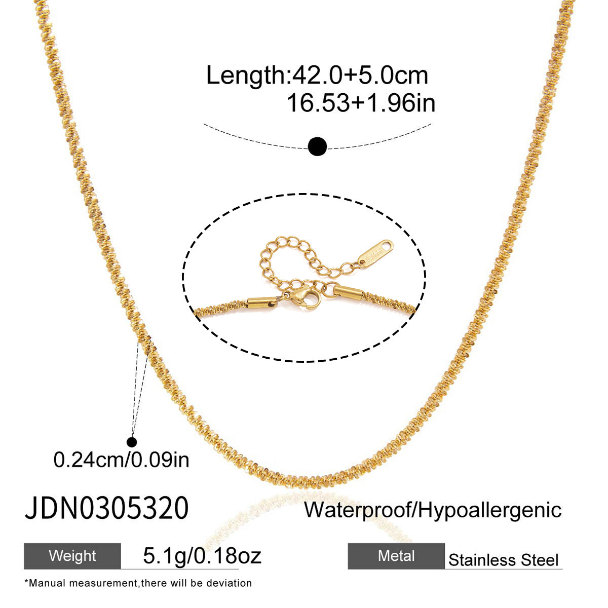 Wheat chain necklace with width and length dimensions