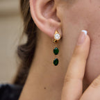 Gold tone hoop with two green drops worn on ear