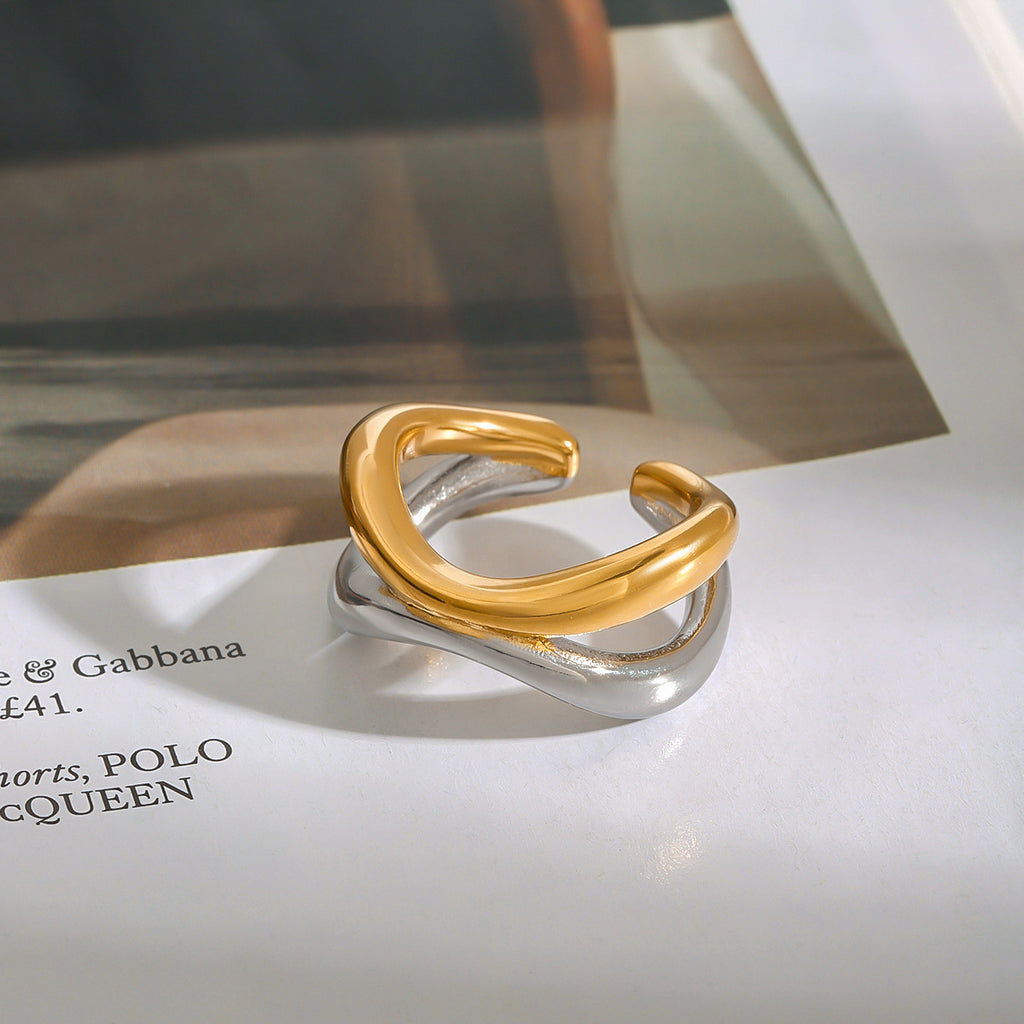 Two-Tone Stainless Steel Sculptural Double-Band Open Ring — front view
