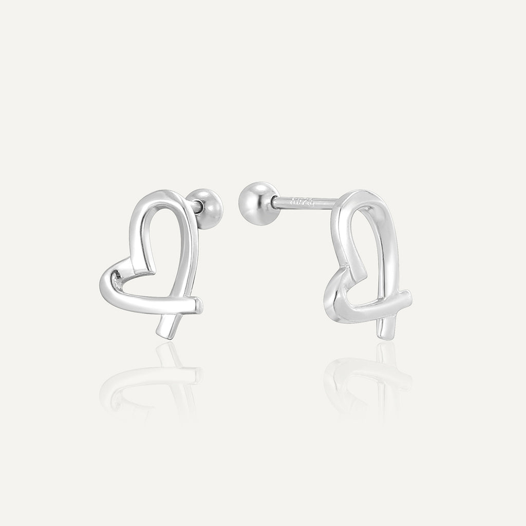 silver-finish 925 silver ribbon-heart ball-back earrings front and side view